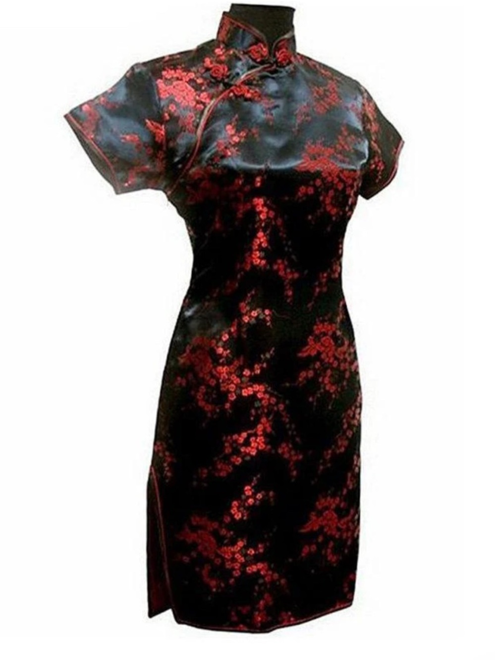 Black & Red Floral Satin Cheongsam Dress